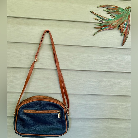 VALENTINA Genuine Leather purse Multi Zipper Crossbody Bag navy blue brown EUC - Picture 5 of 15